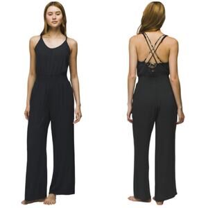 Prana Fernie Wide Leg Jumpsuit Women's L Black Crinkle 100% Tencel Swim Coverup